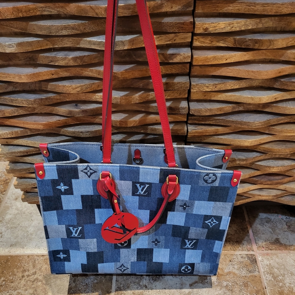 Louis Vuitton denim patchwork Onthego GM Rouge tote